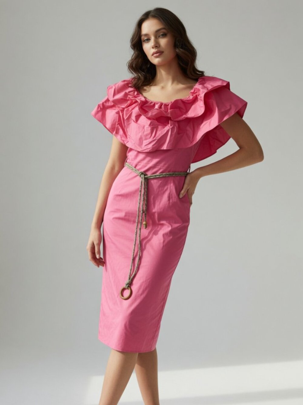 *Rinascimento Pink Ruffle Off-Shoulder Midi Dress with Rope Belt Size Medium